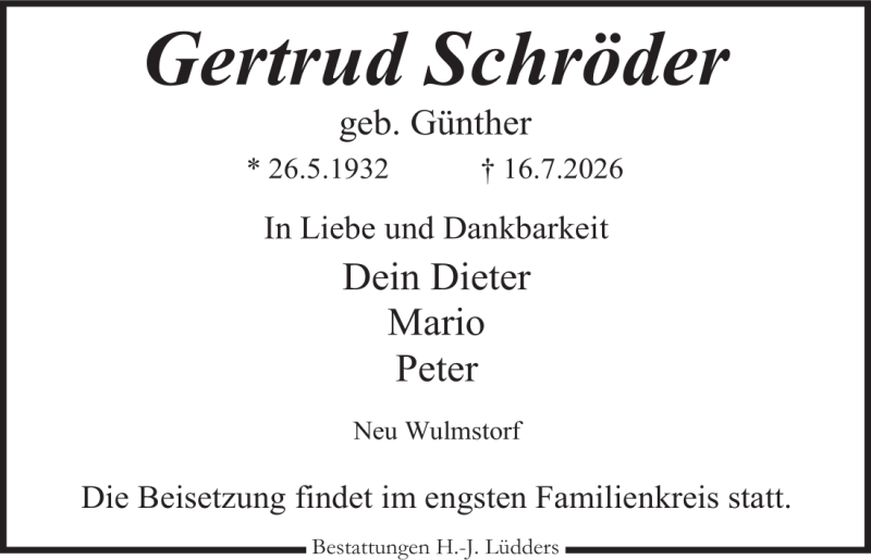 Traueranzeige für Gertrud Schröder
