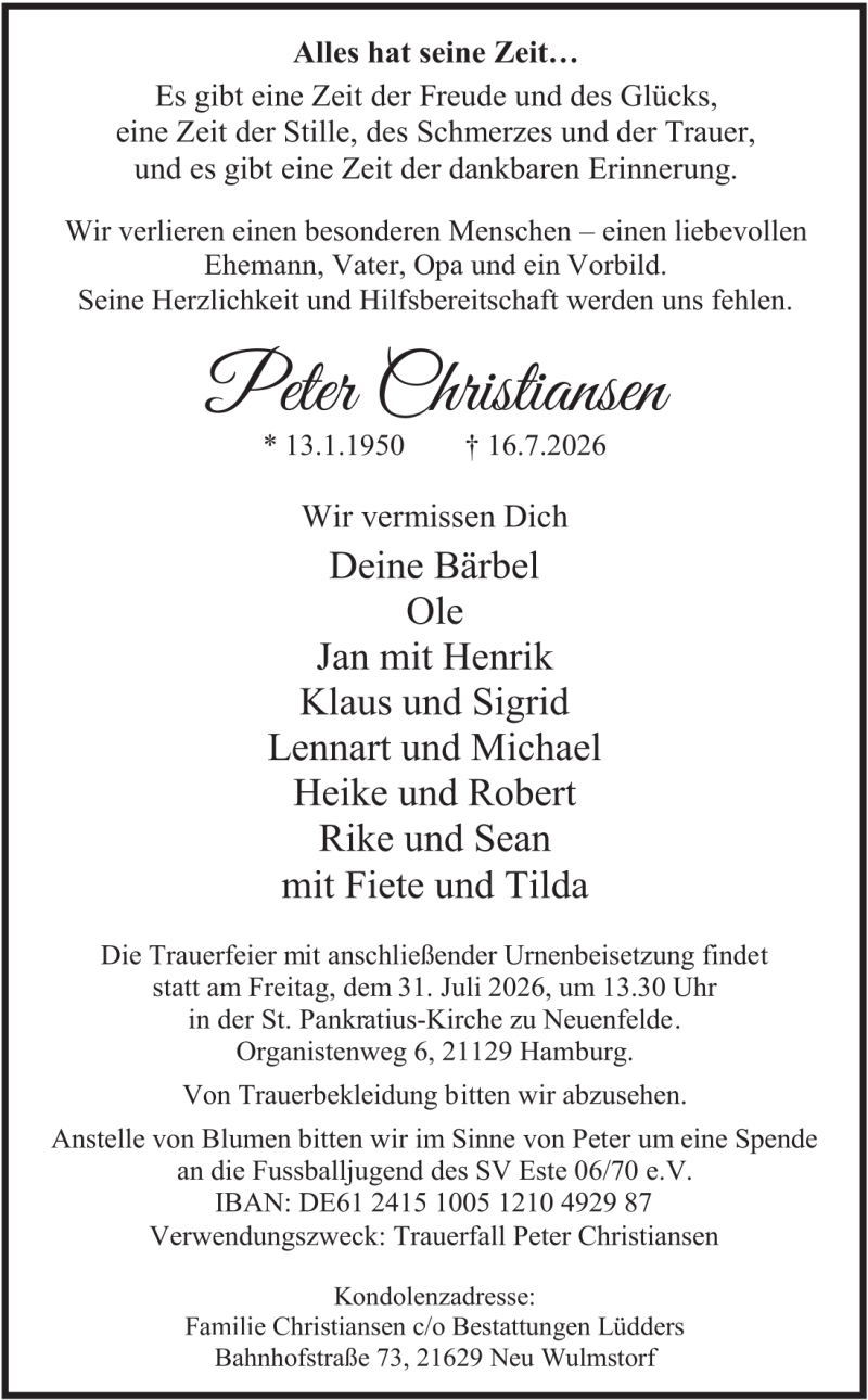 Traueranzeige für Peter Christiansen
