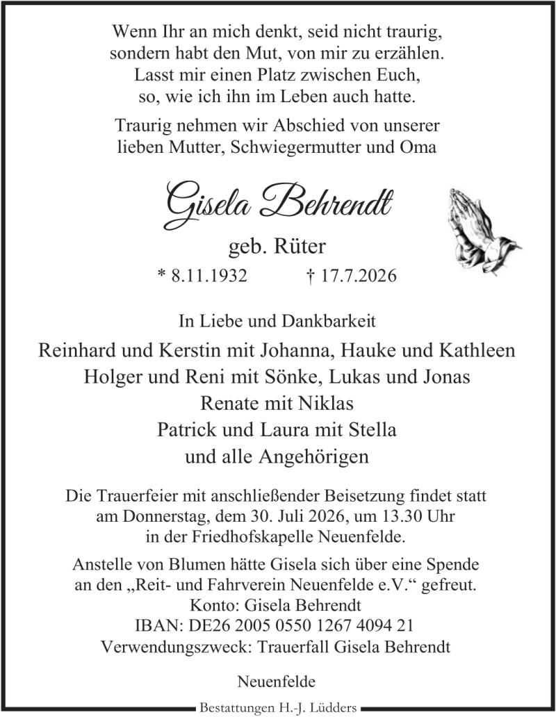 Traueranzeige für Gisela Behrendt