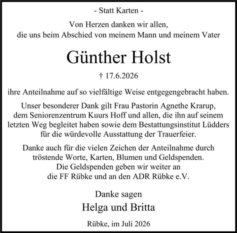 Traueranzeige für Günther Holst Danksagung