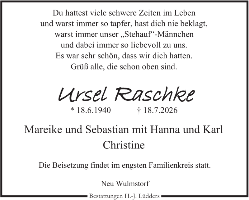 Traueranzeige für Ursel Raschke