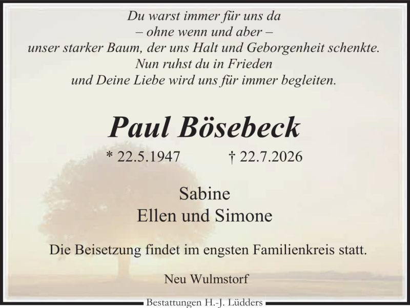 Traueranzeige für Paul Bösebeck