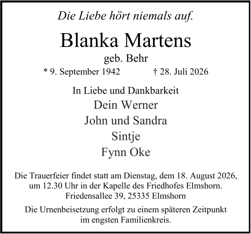 Traueranzeige für Blanka Martens
