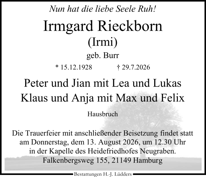 Traueranzeige für Irmgard Rieckborn