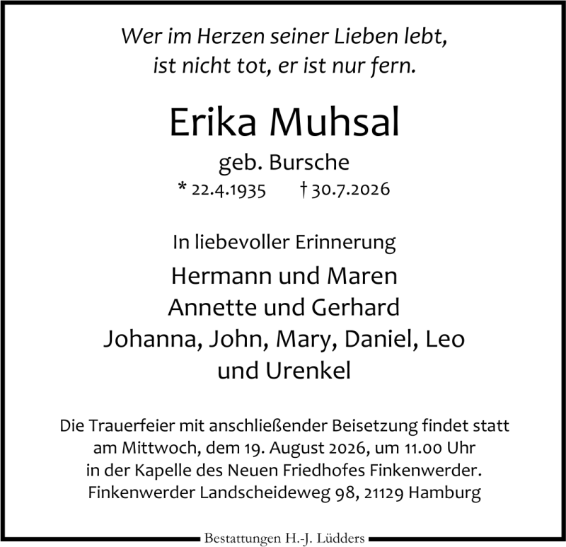 Traueranzeige für Erika Muhsal