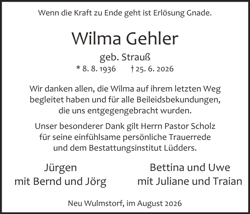 Traueranzeige für Wilma Gehler Danksagung