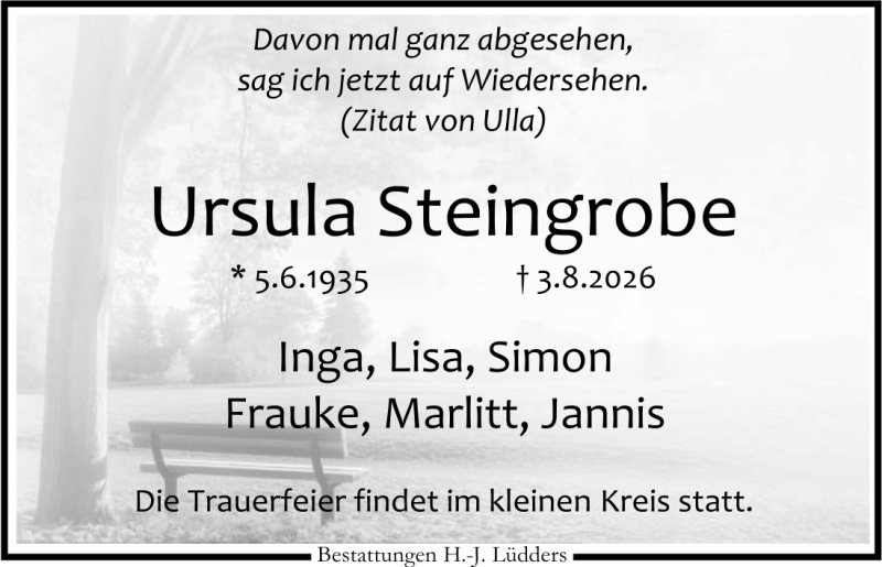 Traueranzeige für Ursula Steingrobe