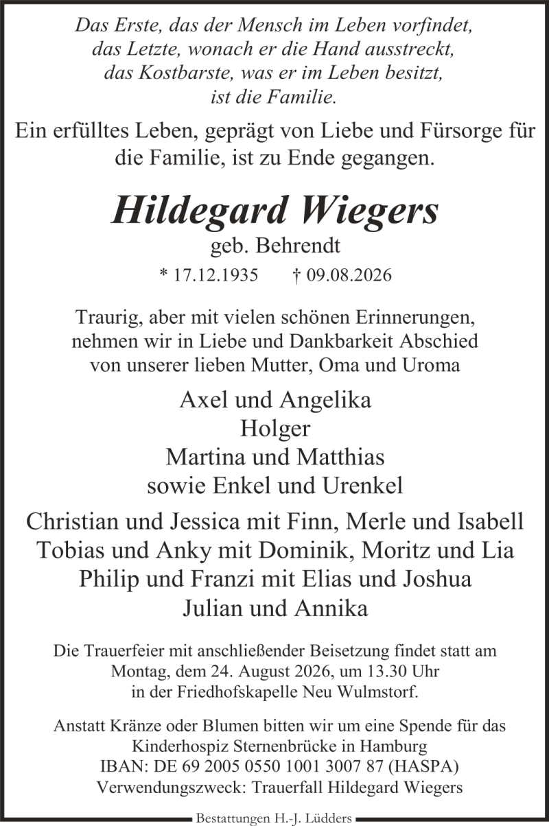 Traueranzeige für Hildegard Wiegers