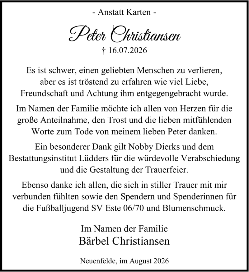 Traueranzeige für Peter Christiansen Danksagung