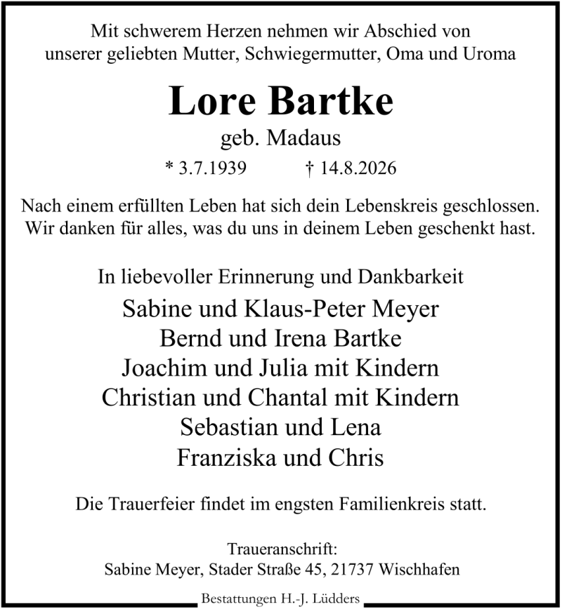 Traueranzeige für Lore Bartke