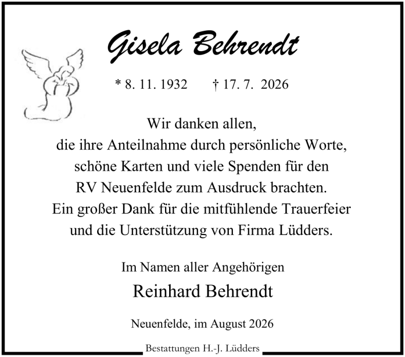 Traueranzeige für Gisela Behrendt Danksagung