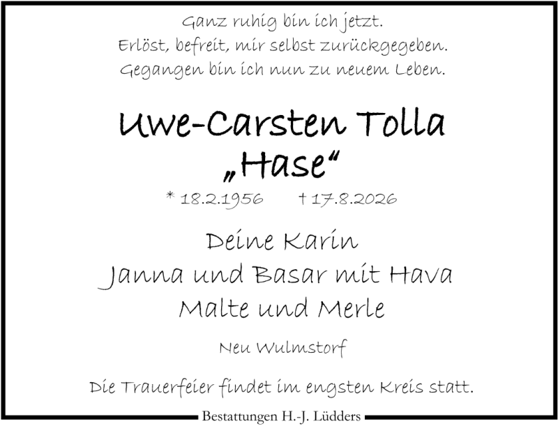 Traueranzeige für Uwe-Carsten Tolla