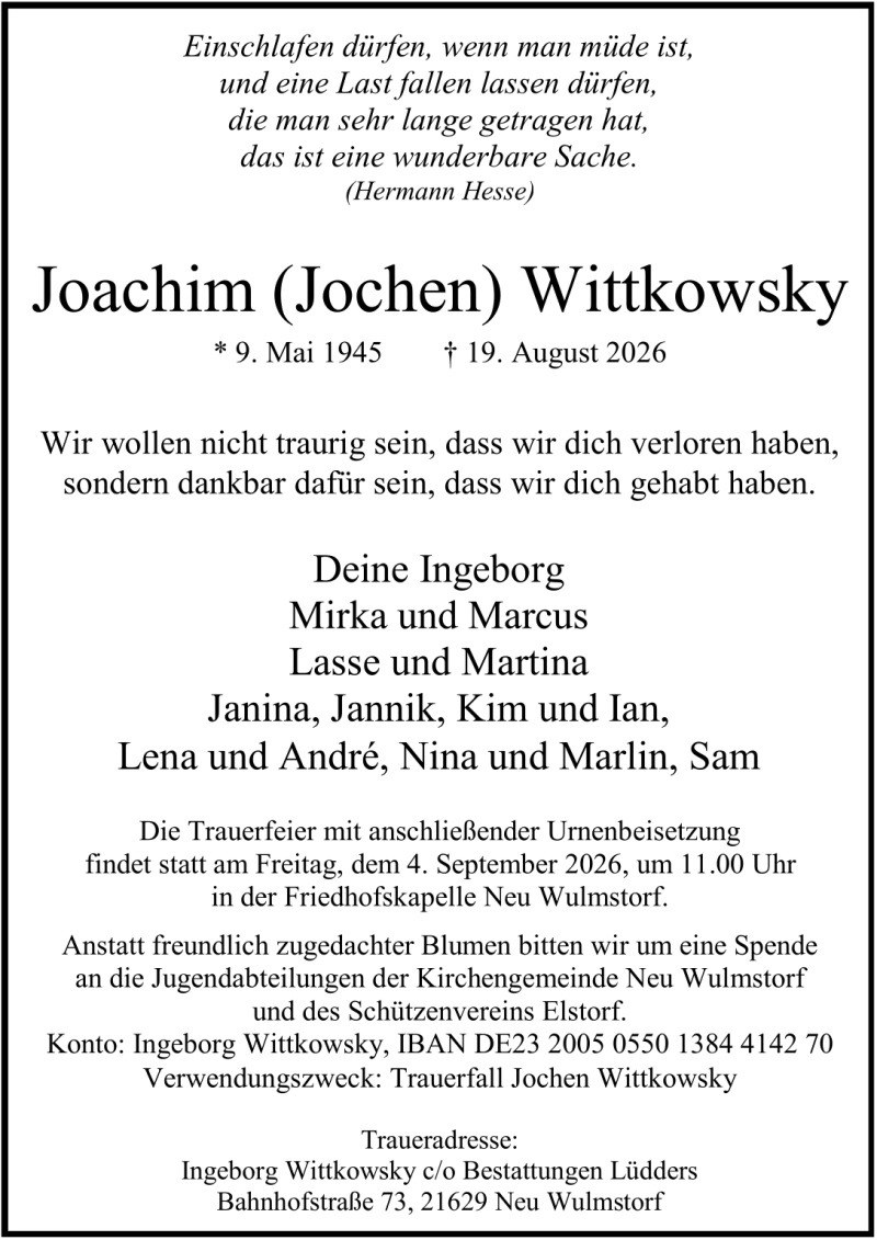 Traueranzeige für Joachim Wittkowsky