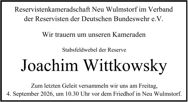 Traueranzeige für Joachim Wittkowsky (Reservistenkammer der Bundeswehr)