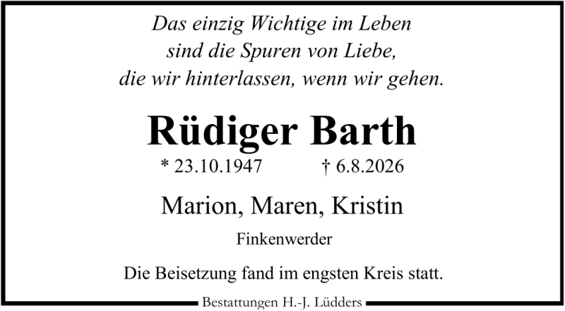 Traueranzeige für Rüdiger Barth