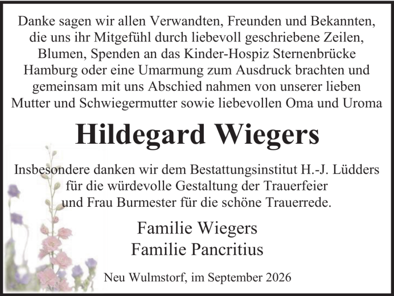 Traueranzeige für Hildegard Wiegers Danksagung