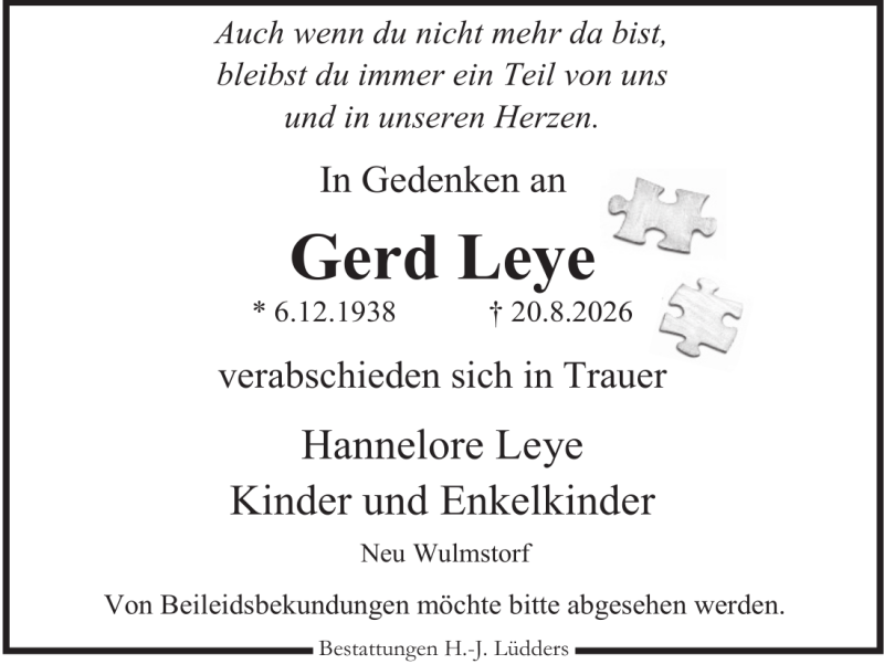 Traueranzeige für Gerd Leye