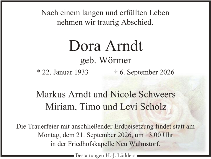 Traueranzeige für Dora Arndt