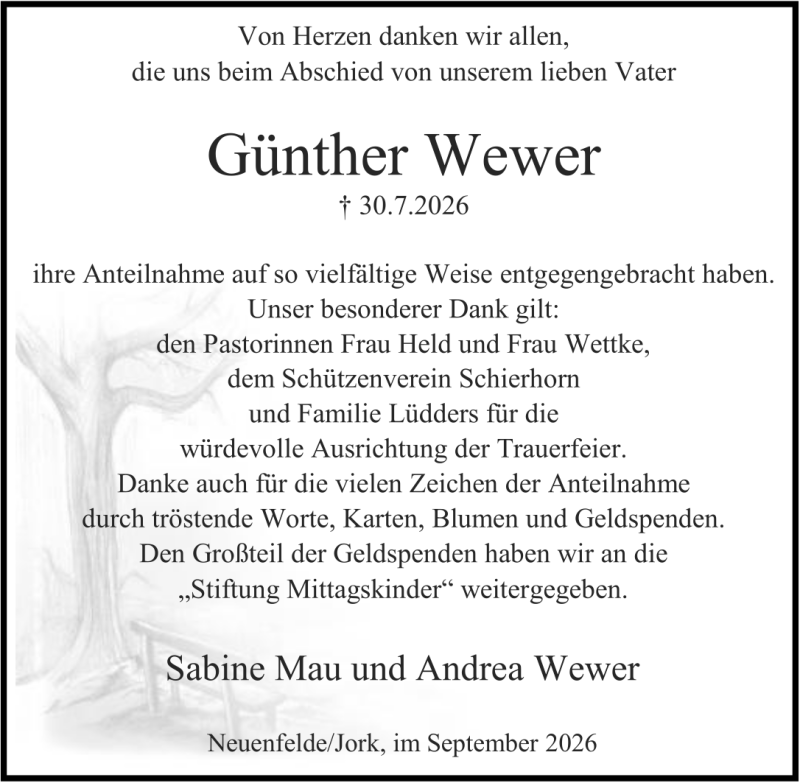 Traueranzeige für Günther Wewer Danksagung