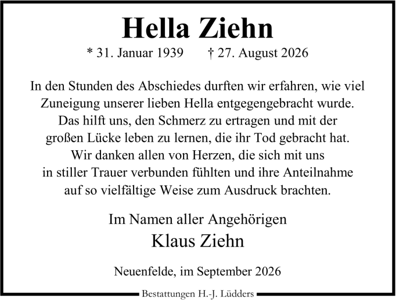 Traueranzeige für Hella Ziehn Danksagung