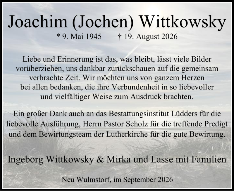 Traueranzeige für Joachim Wittkowsky Danksagung