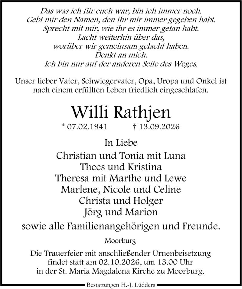 Traueranzeige für Willi Rathjen