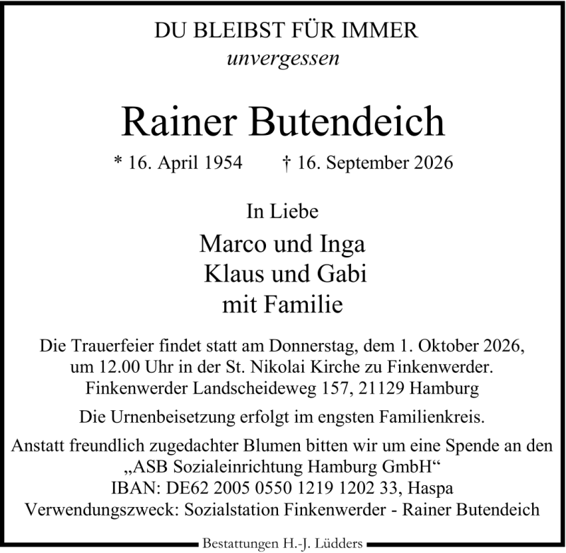 Traueranzeige für Rainer Butendeich