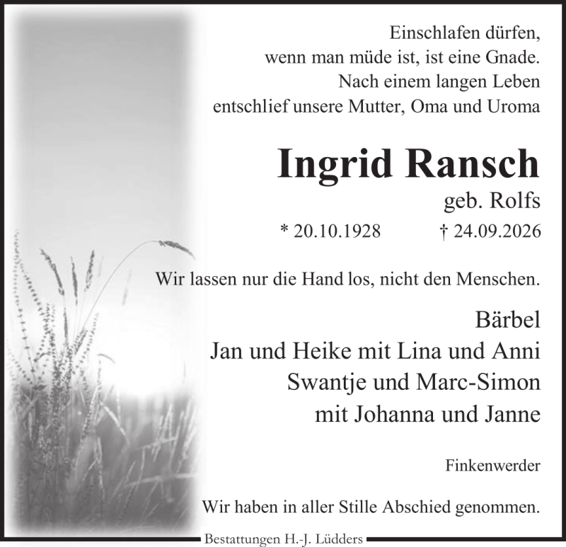 Traueranzeige für Ingrid Ransch