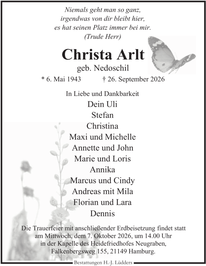 Traueranzeige für Christa Arlt