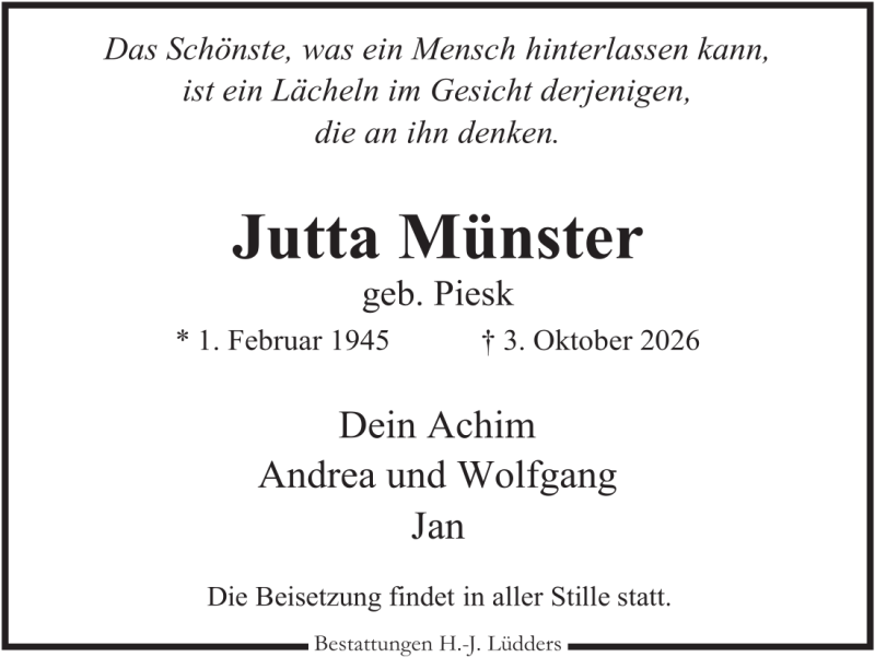 Traueranzeige für Jutta Münster